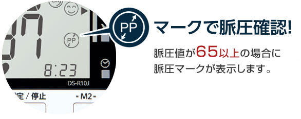 脈圧値が65以上の場合に脈圧マークが表示されます。