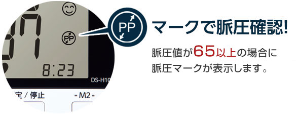 脈圧値が65以上の場合に脈圧マークが表示されます。